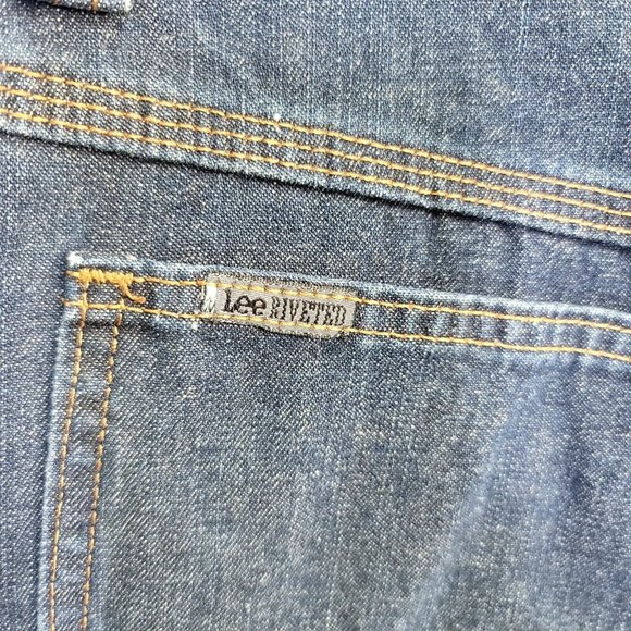 Vintage 90s Lee Riveted 14M Hi-Rise Dungaree Carpenter Dark Wash Denim Shorts - Picture 3 of 6
